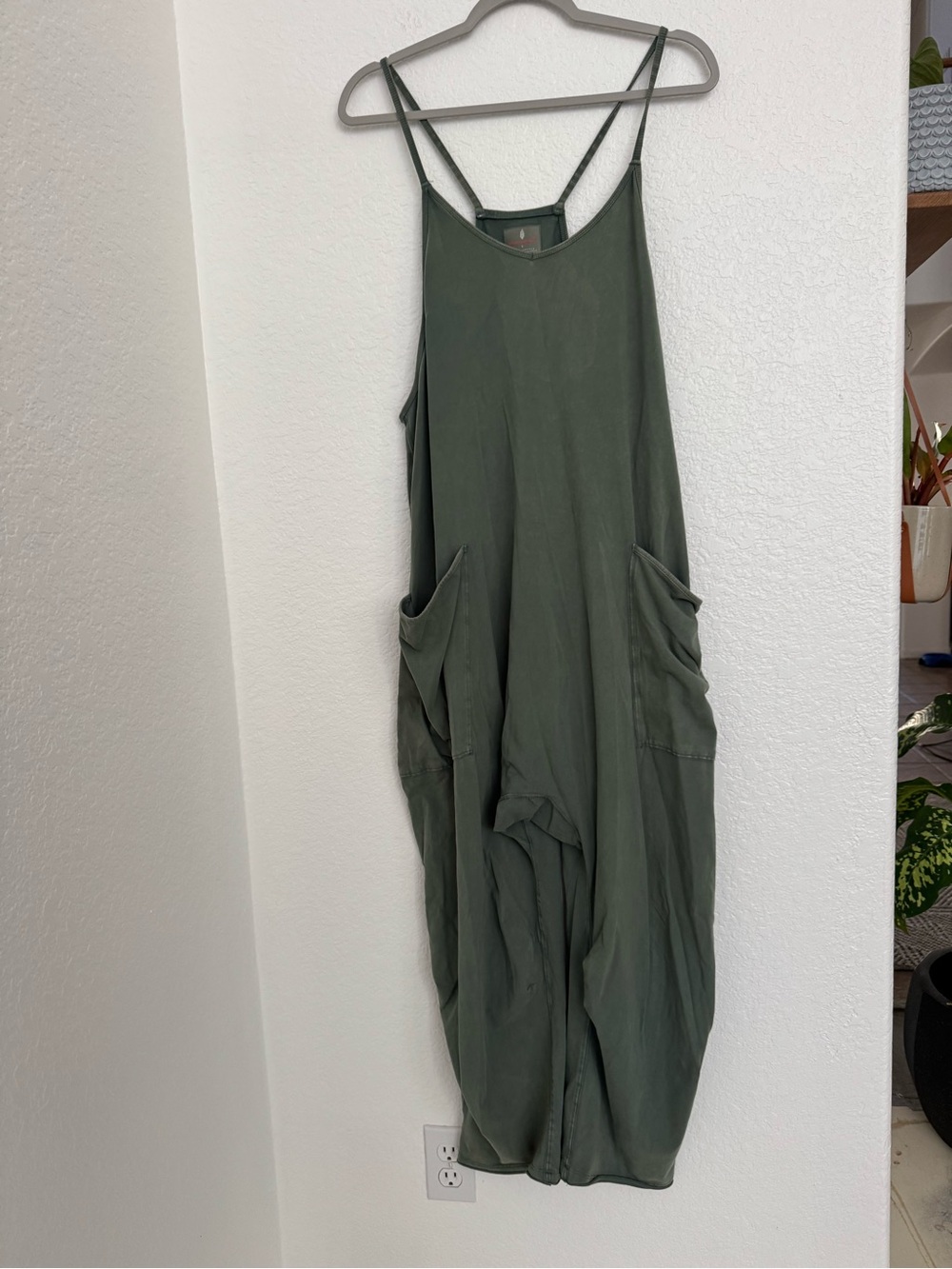 FP Movement Free People Olive Green Spaghetti Strap Jumpsuit with Pockets